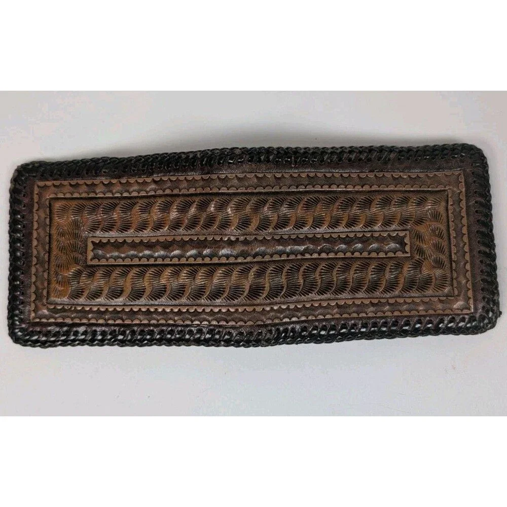 Vintage Hand Tooled Leather Bifold Wallet Western Floral Braided Edge Brown